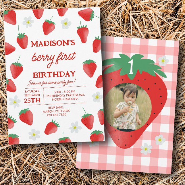 Invitación Berry First First First One Birthday Strawberry Ph (Berry First 1st One Birthday Strawberry Photo Invitation)