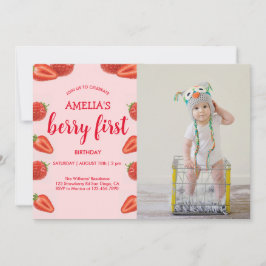 Invitación Berry First | Fresa 1er cumpleaños foto rosa