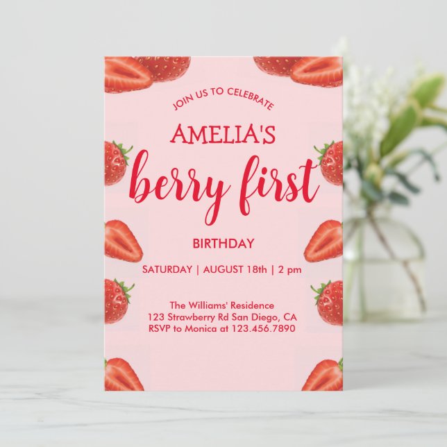Invitación Berry First | Fresa 1er cumpleaños rosa (Anverso de pie)