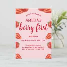 Invitación Berry First | Fresa 1er cumpleaños rosa