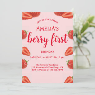 Invitación Berry First   Fresa 1er cumpleaños rosa