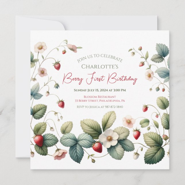 Invitación "Berry First" fresa Cumpleaños (Anverso)