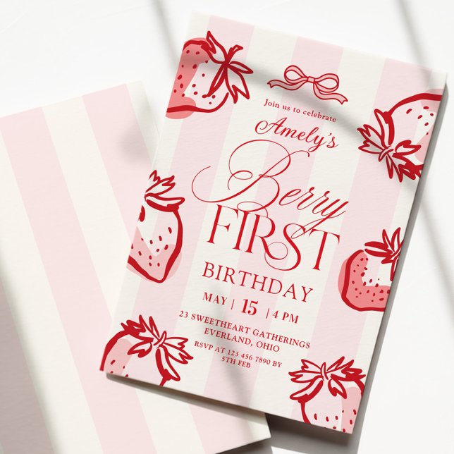 Invitación Berry First Hand Drawn Bow Strawberry Birthday (Subido por el creador)