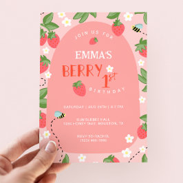 Invitación Berry First Pink Strawberry Beds Birthday Party
