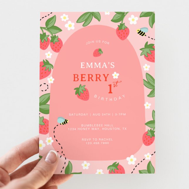 Invitación Berry First Pink Strawberry Bees Birthday Party (Subido por el creador)