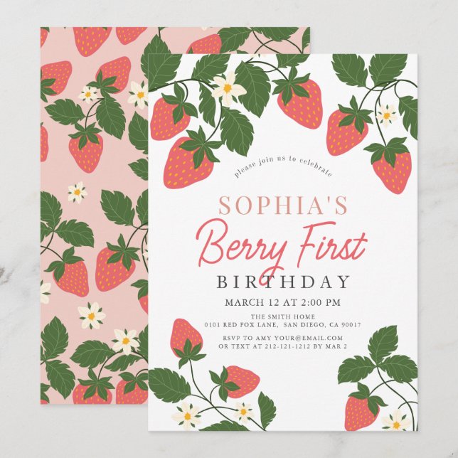 Invitación Berry First Pink Strawberry Floral 1er cumpleaños (Anverso / Reverso)