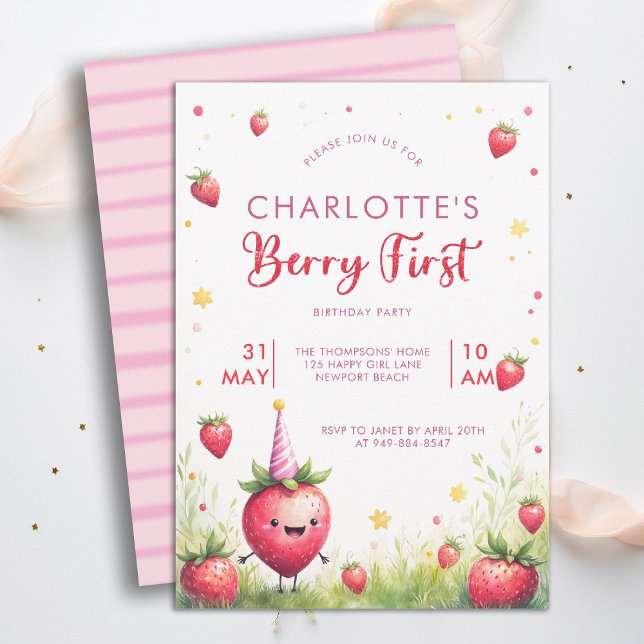 Invitación Berry First Pink Strawberry Patch Cumpleaños 1 (berry first birthday party invitation girls cute strawberry 1st watercolor farmhouse cottage patch)