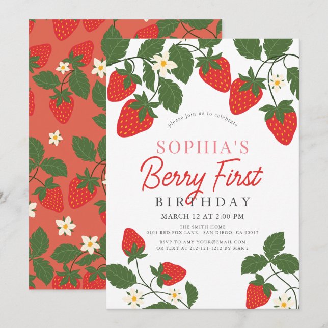 Invitación Berry First Red Strawberry Floral 1er cumpleaños (Anverso / Reverso)