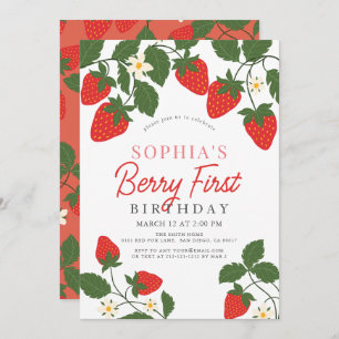 Invitación Berry First Red Strawberry Floral 1er cumpleaños