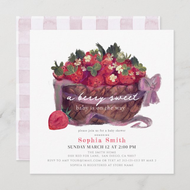 Invitación Berry First Strawberry Basket Baby Shower (Anverso / Reverso)