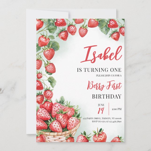 Invitación Berry First Strawberry Birday (Anverso)