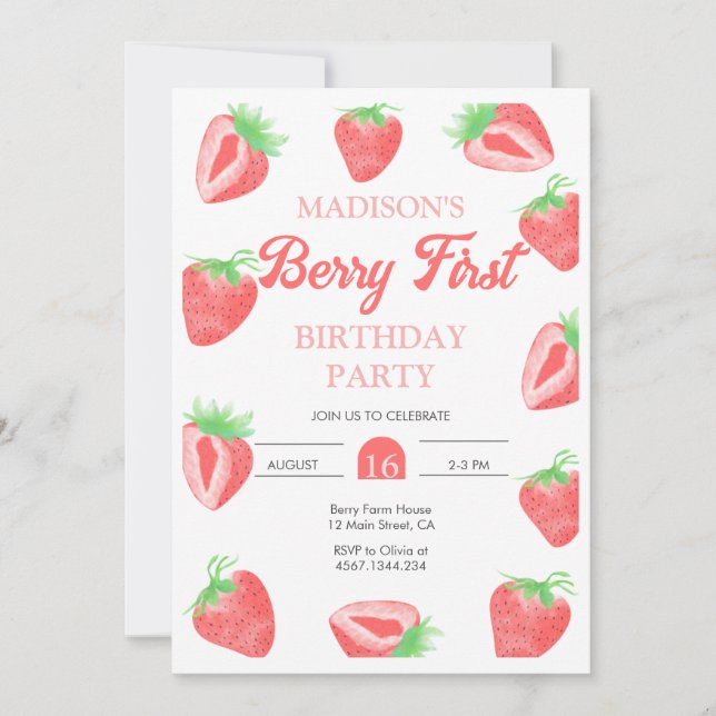 Invitación Berry First Strawberry Birthday Photo Invitation (Anverso)