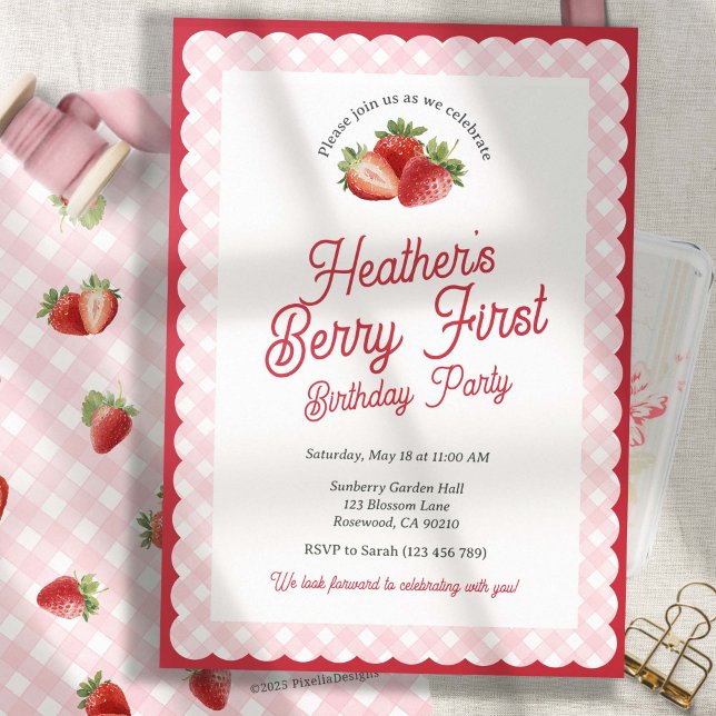 Invitación Berry First Strawberry Birthday with Pink Gingham (Berry First-Strawberry first birthday invitation)