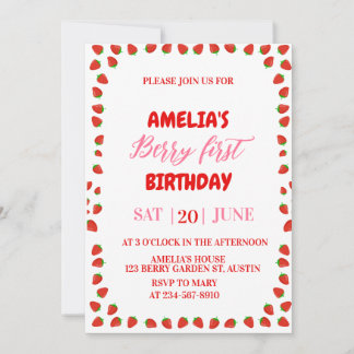 Invitación Berry First Strawberry Border Birthday Invitation 