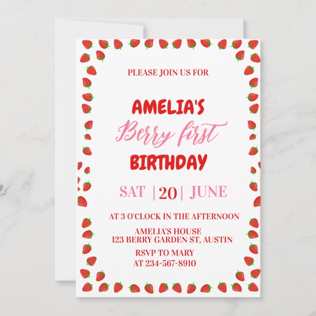 Invitación Berry First Strawberry Border Birthday Invitation  (Anverso)