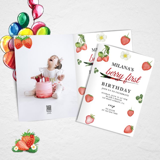 Invitación Berry First Strawberry Chica 1er cumpleaños foto (Berry first strawberry birthday card)