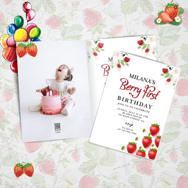 Invitación Berry First Strawberry Chica 1er cumpleaños foto (Berry first girl 1st birthday card )