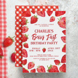 Invitación Berry First Strawberry Chica primer Fiesta de cump