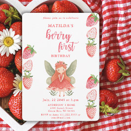 Invitación Berry First Strawberry Fairy 1er Fiesta de cumplea