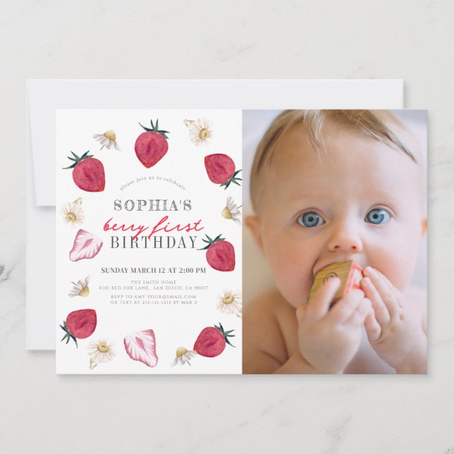 Invitación Berry First Strawberry Floral 1er cumpleaños foto (Anverso)