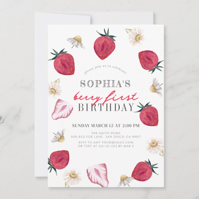 Invitación Berry First Strawberry Floral Chica 1º cumpleaños (Anverso)
