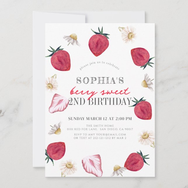 Invitación Berry First Strawberry Floral Chica Cumpleaños (Anverso)