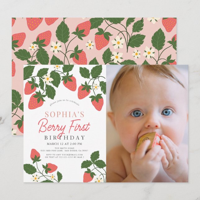 Invitación Berry First Strawberry Floral Photo 1er cumpleaños (Anverso / Reverso)