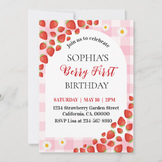 Invitación Berry First Strawberry gingham birthday invitation