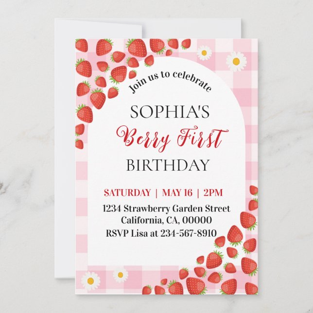 Invitación Berry First Strawberry gingham birthday invitation (Anverso)