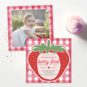 Invitación Berry First Strawberry Gingham Photo 1er cumpleaño
