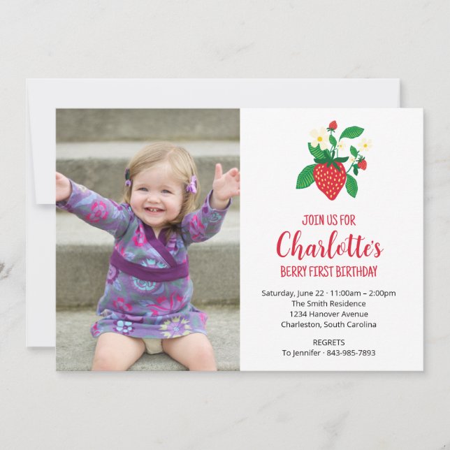 Invitación Berry First Strawberry Photo Birday (Anverso)