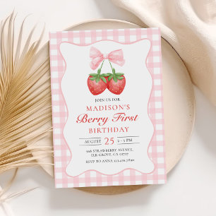 Invitación Berry First Strawberry Pink Bow 1º cumpleaños