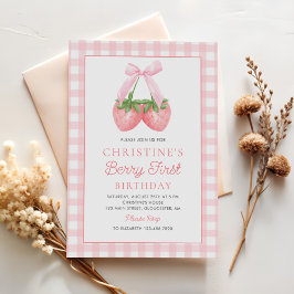 Invitación Berry First Strawberry Pink Bow 1º cumpleaños