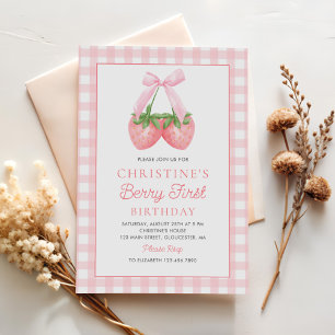 Invitación Berry First Strawberry Pink Bow 1º cumpleaños