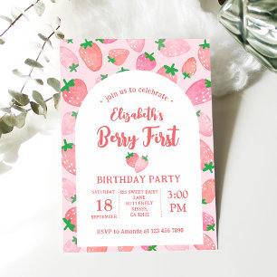 Invitación Berry First Strawberry Pink Chica Birday Party