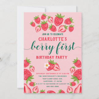 Invitación Berry First Strawberry Primer Chica Fiesta de cump