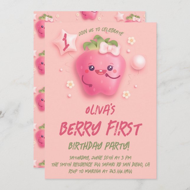 Invitación Berry First Strawberry Primer cumpleaños Fiesta In (Anverso / Reverso)