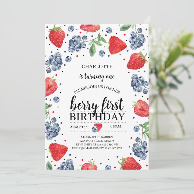 Invitación Berry First Strawberry y Blueberry (Anverso de pie)