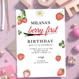 Invitación Berry First Watercolor Fresa Primer Cumpleaños