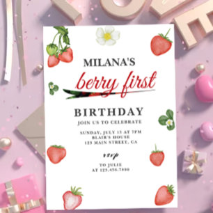 Invitación Berry First Watercolor Fresa Primer Cumpleaños