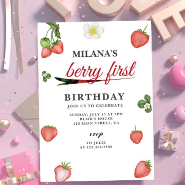 Invitación Berry First Watercolor Fresa Primer Cumpleaños (Berry first 1st Birthday invitation card mockup)
