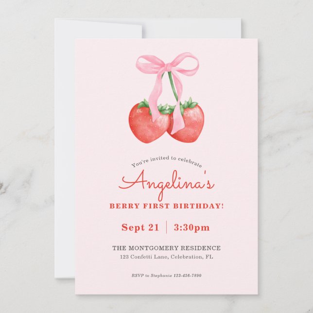 Invitación Berry First Watercolor Fresa Primer Cumpleaños (Anverso)