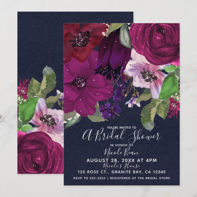 Invitación Berry Fuchsia Floral Bouquet Briquet Shower (Anverso / Reverso)