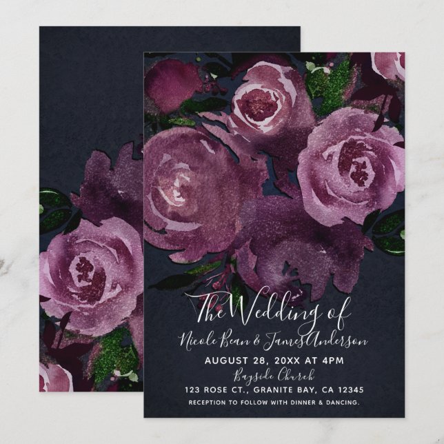 Invitación Berry Fuchsia Rosas Boda de Glam Floral Oscuro (Anverso / Reverso)