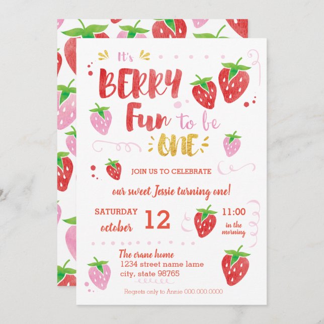Invitación Berry Fun es una fiesta de primer cumpleaños (Anverso / Reverso)