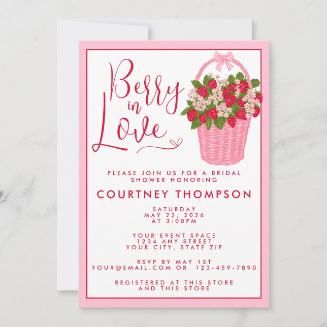 Invitación Berry In Love Pink & Red Strawberry Bridal Shower (Anverso)