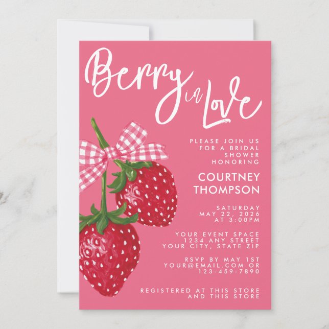Invitación Berry In Love Pink & Red Strawberry Bridal Shower (Anverso)