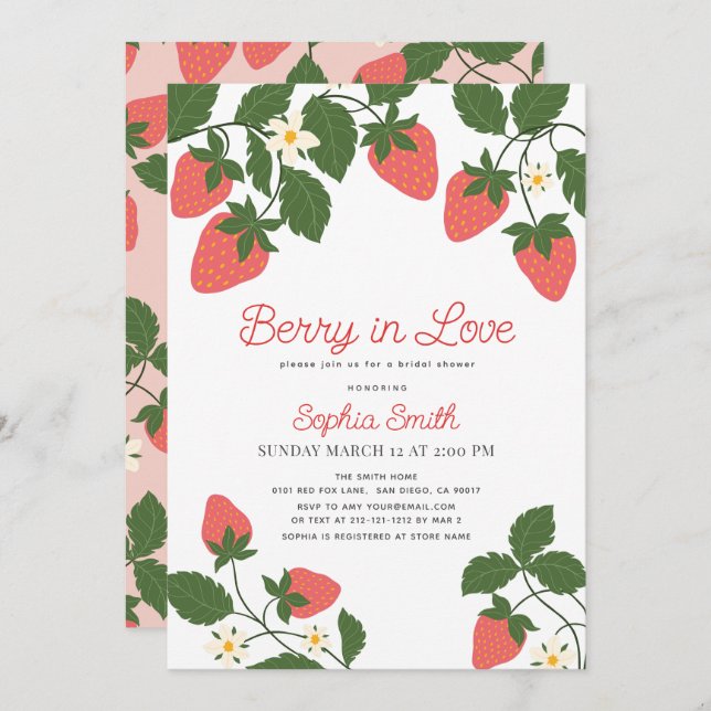 Invitación Berry in Love Pink Strawberry Floral Bridal Shower (Anverso / Reverso)