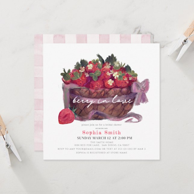 Invitación Berry in Love Strawberry Bow Basket Bridal Shower (Anverso/Reverso In Situ)