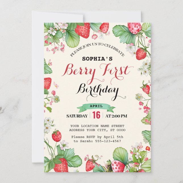Invitación Berry Lovely First Birday (Anverso)